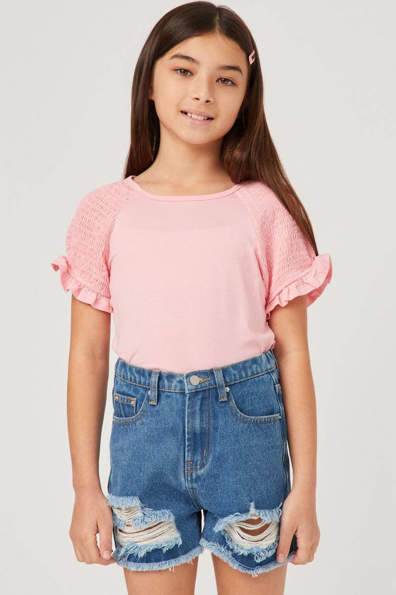 Girls Smocked Shoulder Ruffle Sleeve Top
