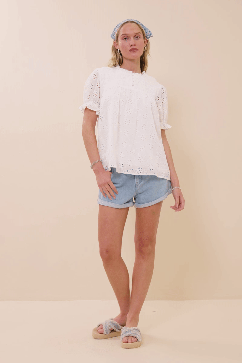 Hayden LA - Womens Floral Eyelet Smocked Button Detail Top