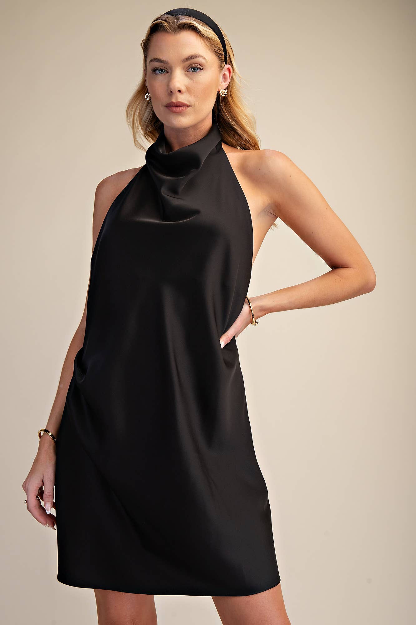 Cowl Mock Neck Sleeveless Satin Mini Dress