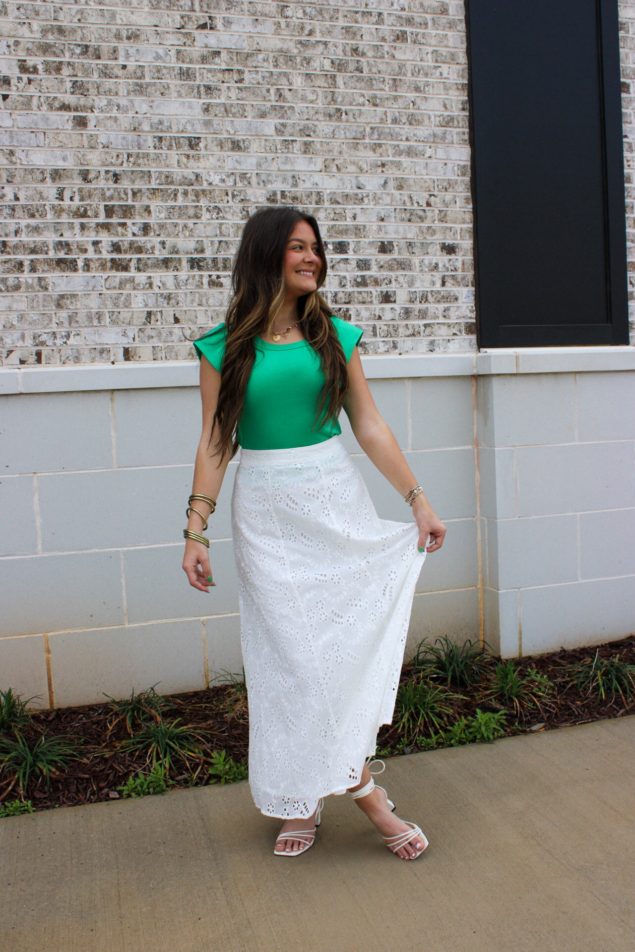 Eyelet Embroidered Side Zipper A Line Maxi Skirt