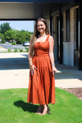 SATIN FRONT TIE SHIRRED WAIST MIDI DRESS