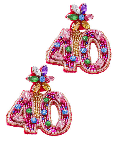 Pink beaded and jeweled "40" birthday earrings.
