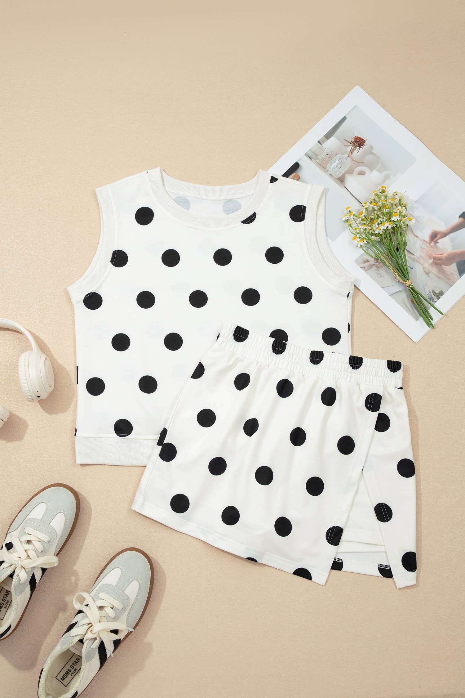 LA Society - LAS Ribbed Trim Polka Dot Tank Split Mini Skort Set(S-4X)