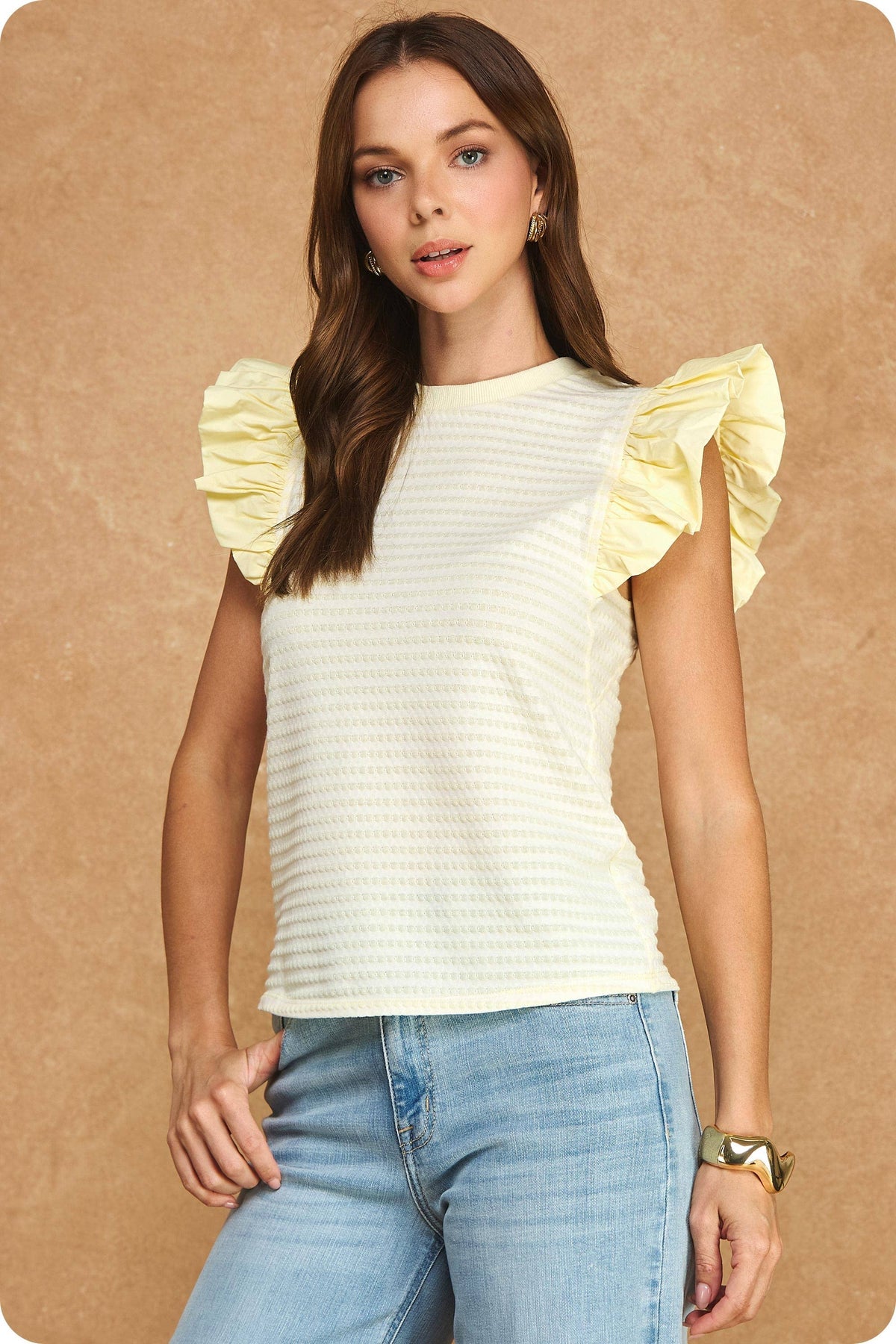Strut & Bolt - Textured Stripe Bubble Ruffle Sleeve Knit Tee Top