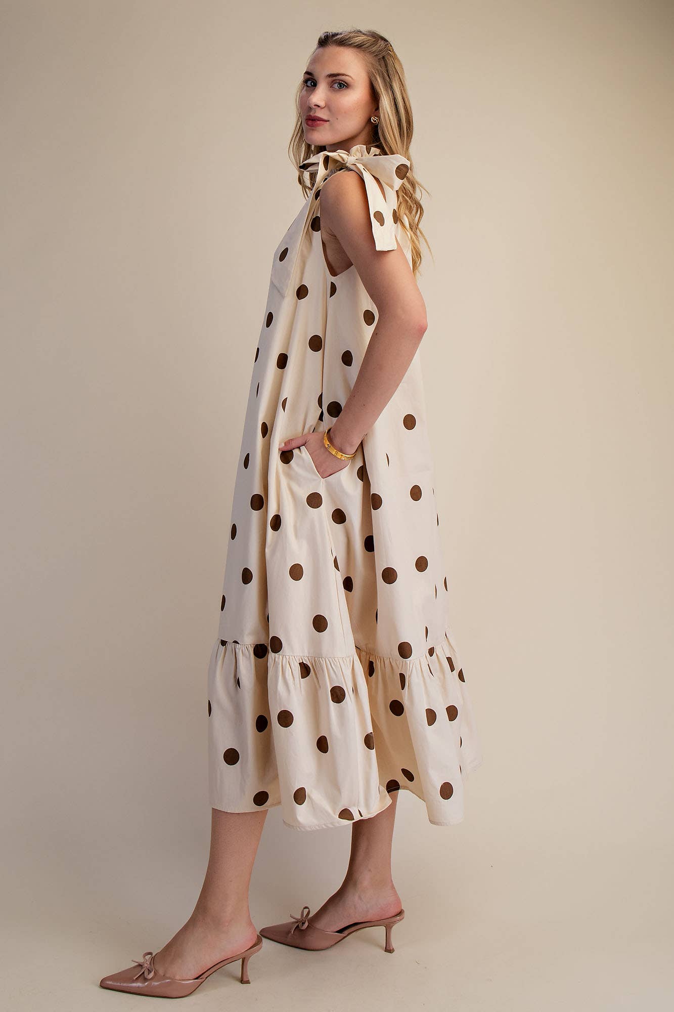 Ruffle Neck Tie Polka Dot Sleeveless Midi Dress