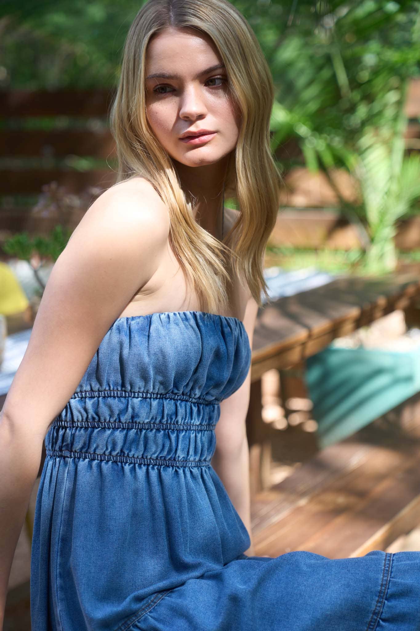 Blu Pepper - STRAPLESS SHIRRED TIERED DENIM MIDI SUNDRESS