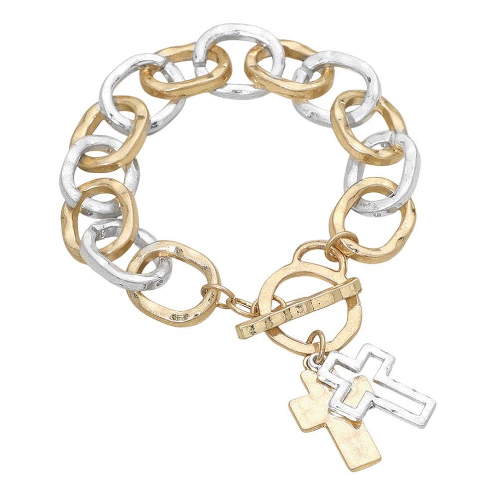 Hammered Layered Cross Charm Chunky Chain Toggle Bracelet