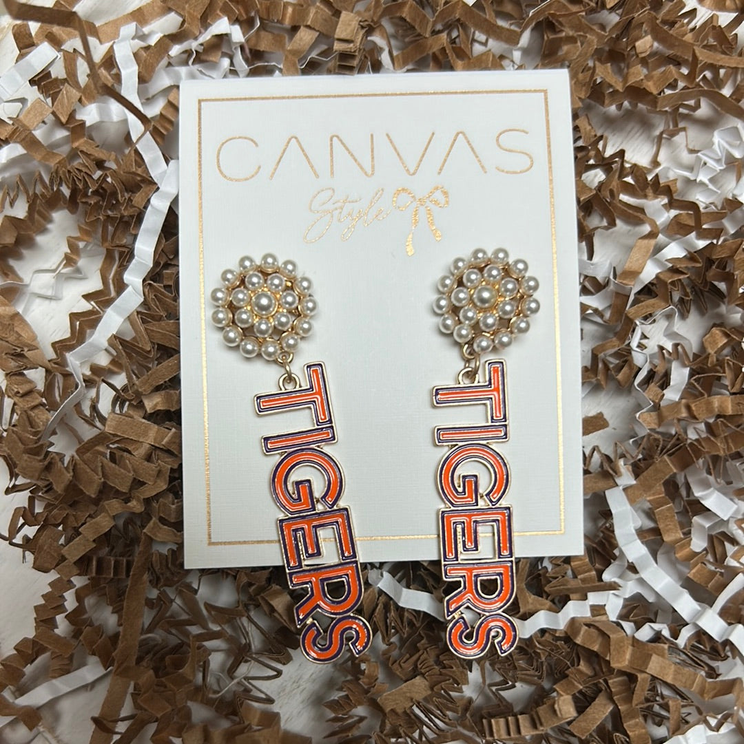 Clemson University college drop earrings with pearl cluster studs featuring "TIGERS" in orange and purple.