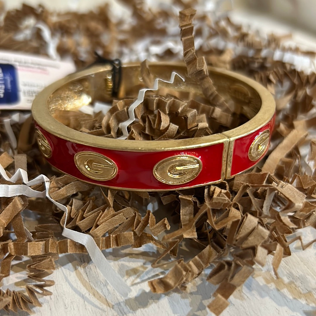 Gold and red College Enamel Hinge Bangle with "G".