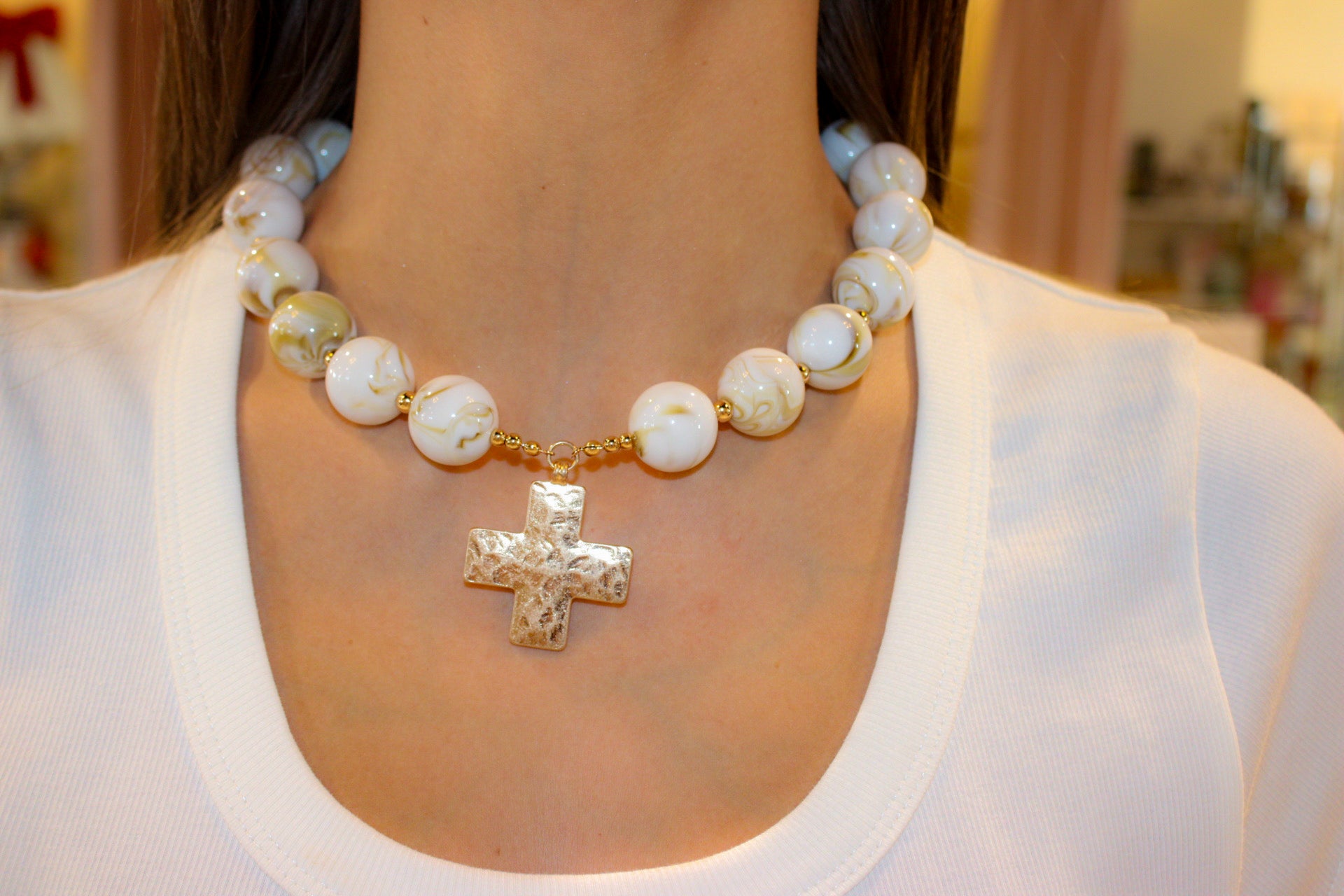 Large Bead Cross Necklace