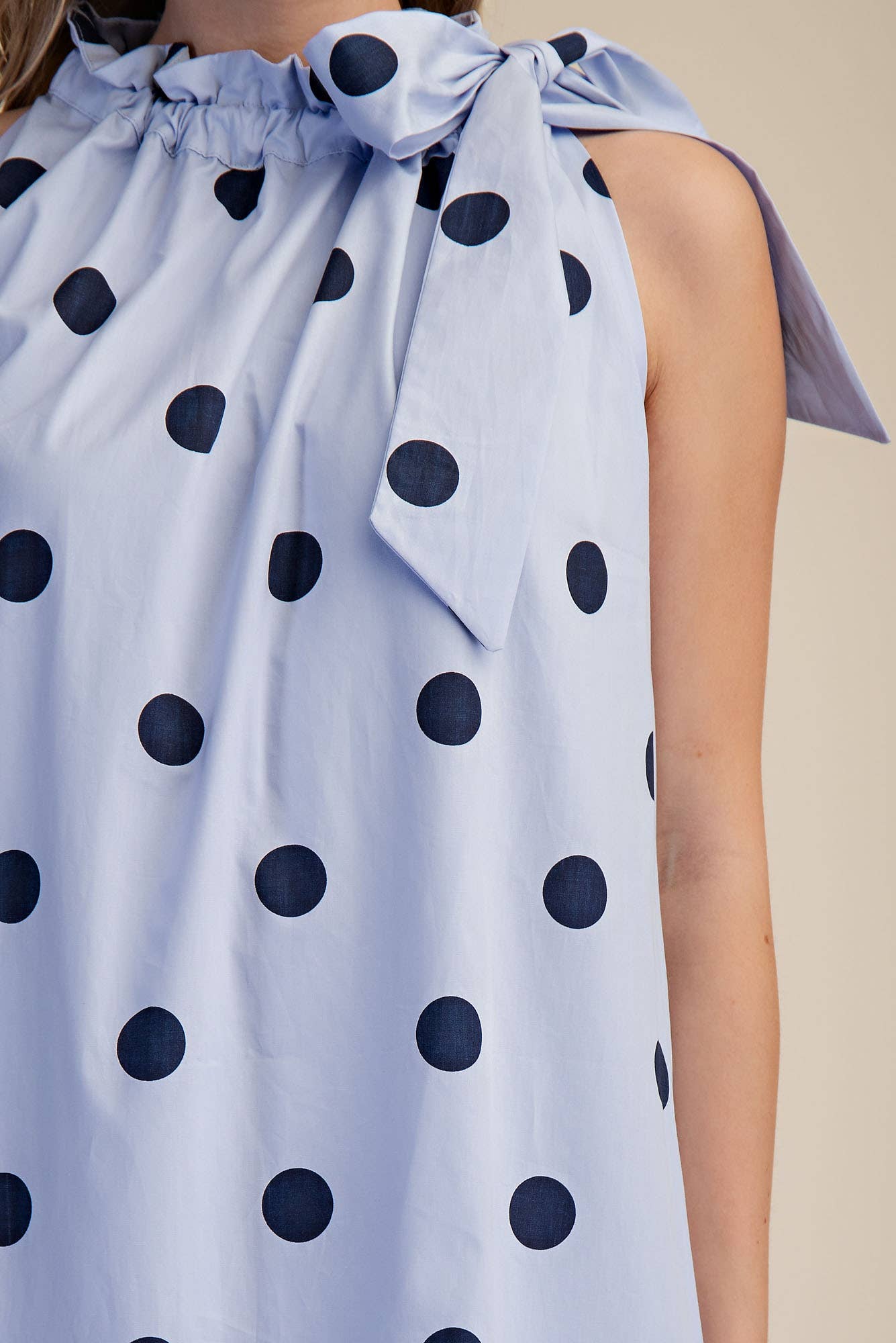 Ruffle Neck Tie Polka Dot Sleeveless Midi Dress