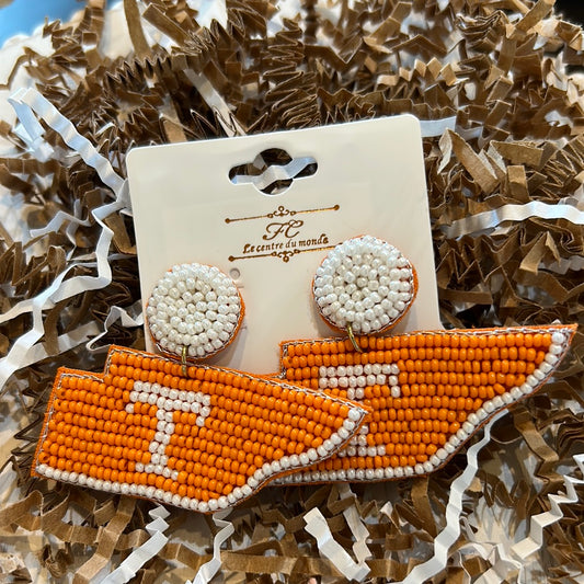 Tennessee earrings featuring orange and white beads with a "T".