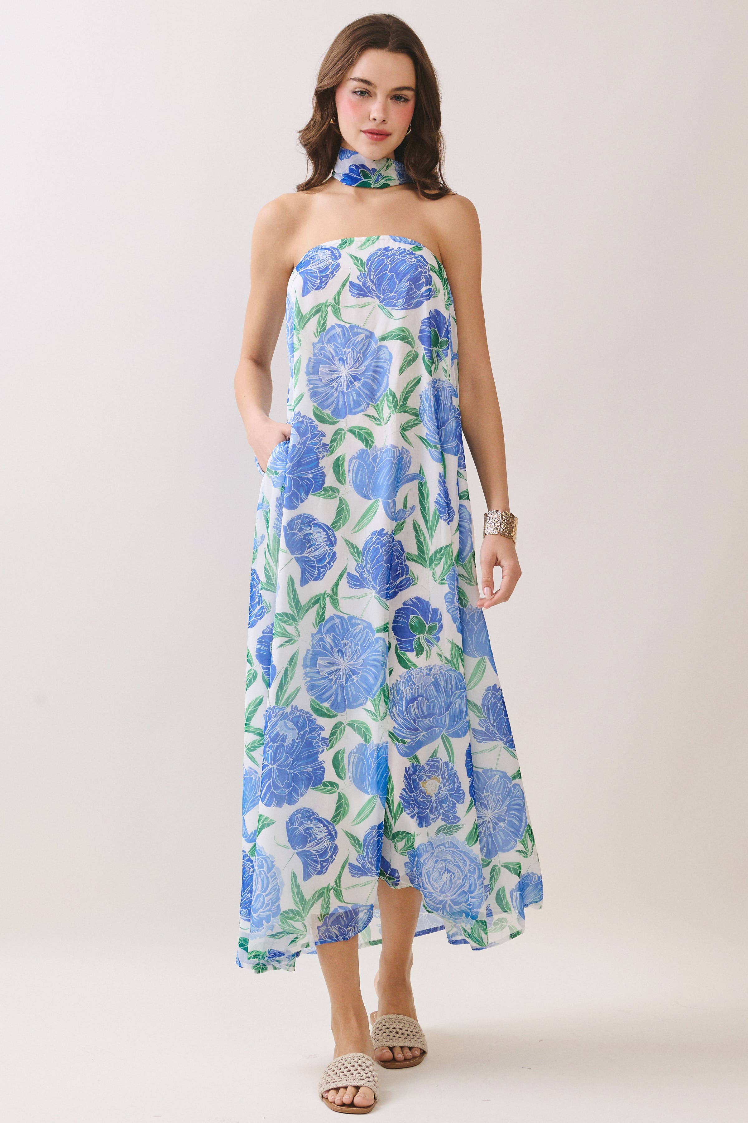 Floral Maxi Dress with Convertible Scarf