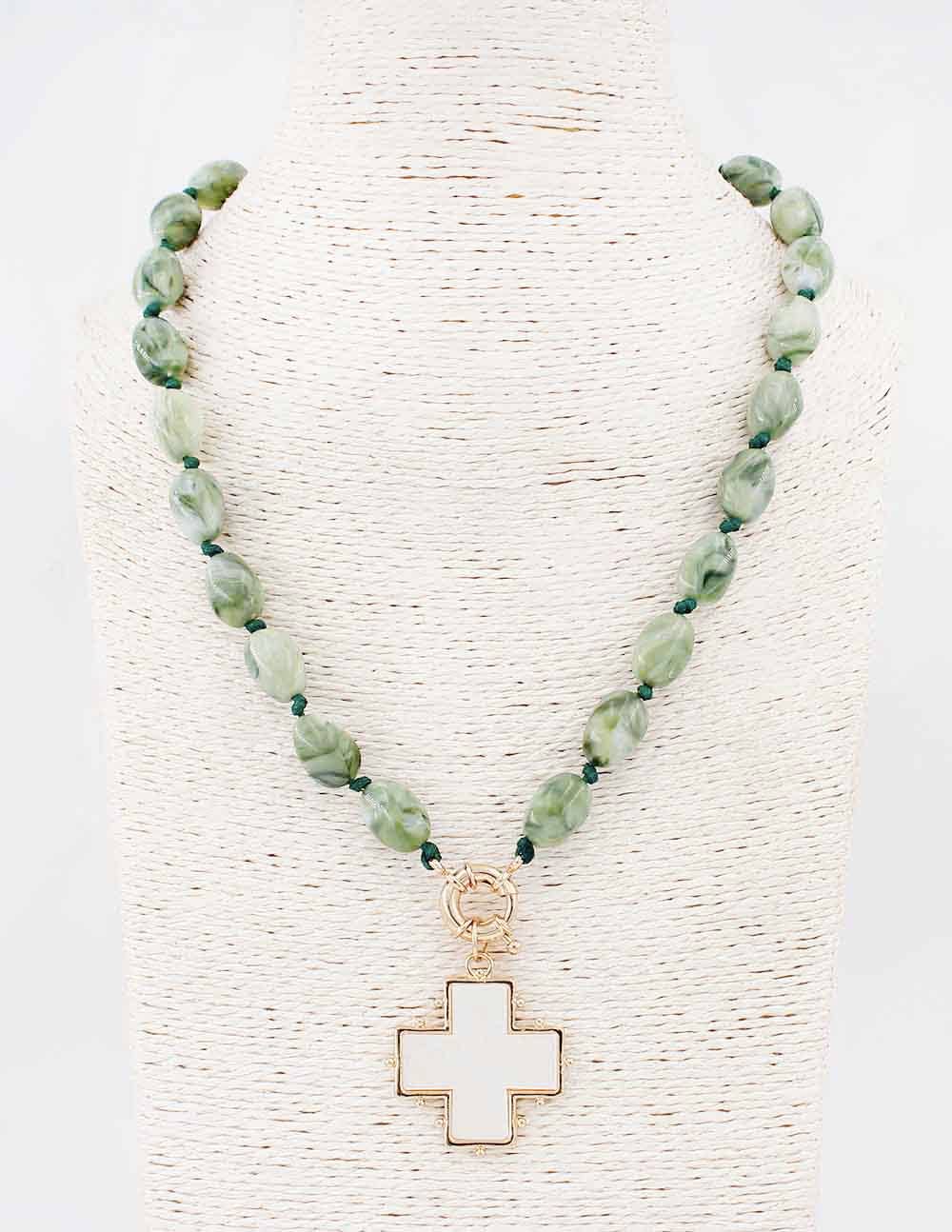 Olive Acrylic Beaded with Pearlized White Cross 18" Necklace
