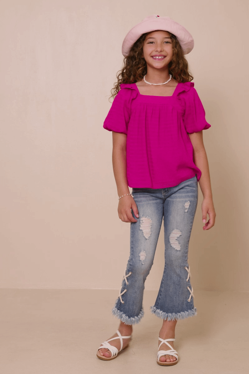 Girls Square Neck Ruffle Shoulder Textured Top