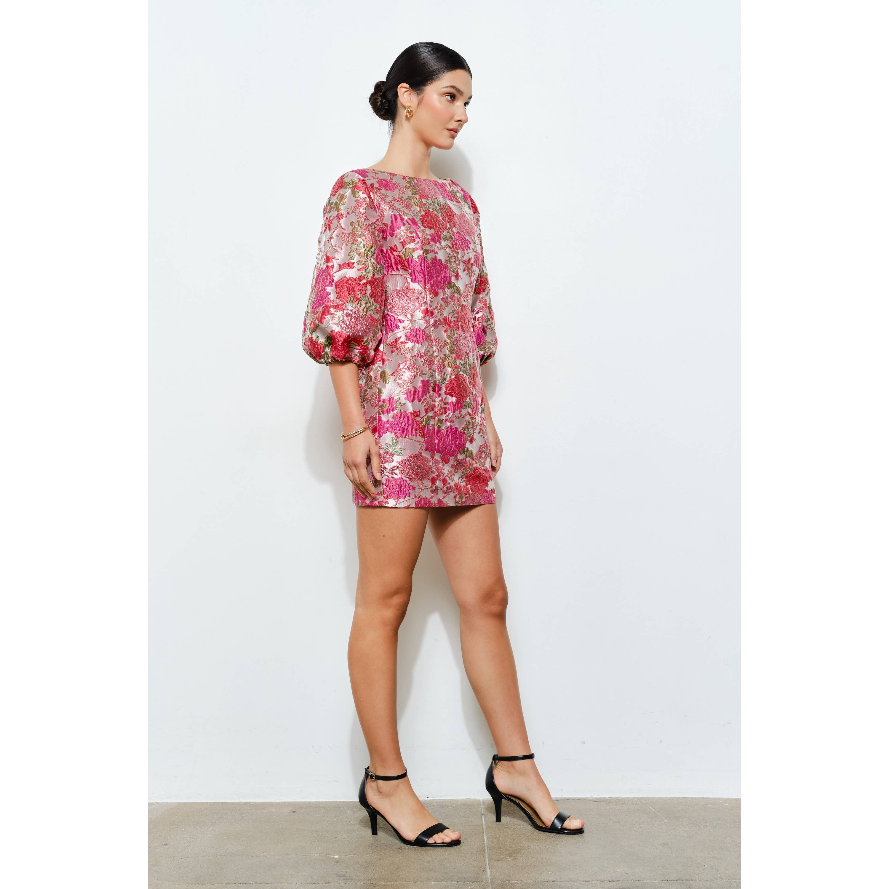 Luxe Metallic Floral Jacquard Puff 1/2 Mini Dress