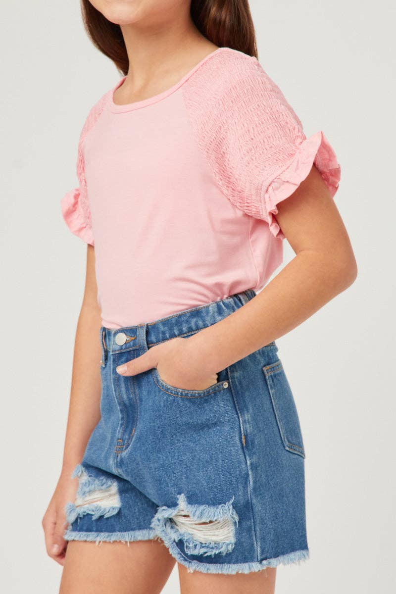 Girls Smocked Shoulder Ruffle Sleeve Top