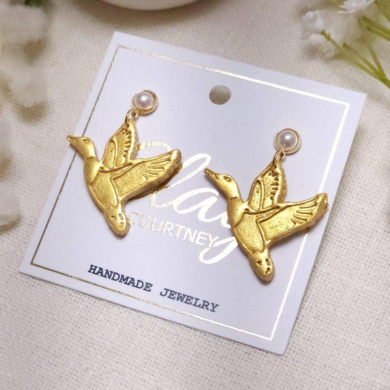 Clay by Courtney - Gold Flying Duck Polymer Clay Earrings, Pearl Studs