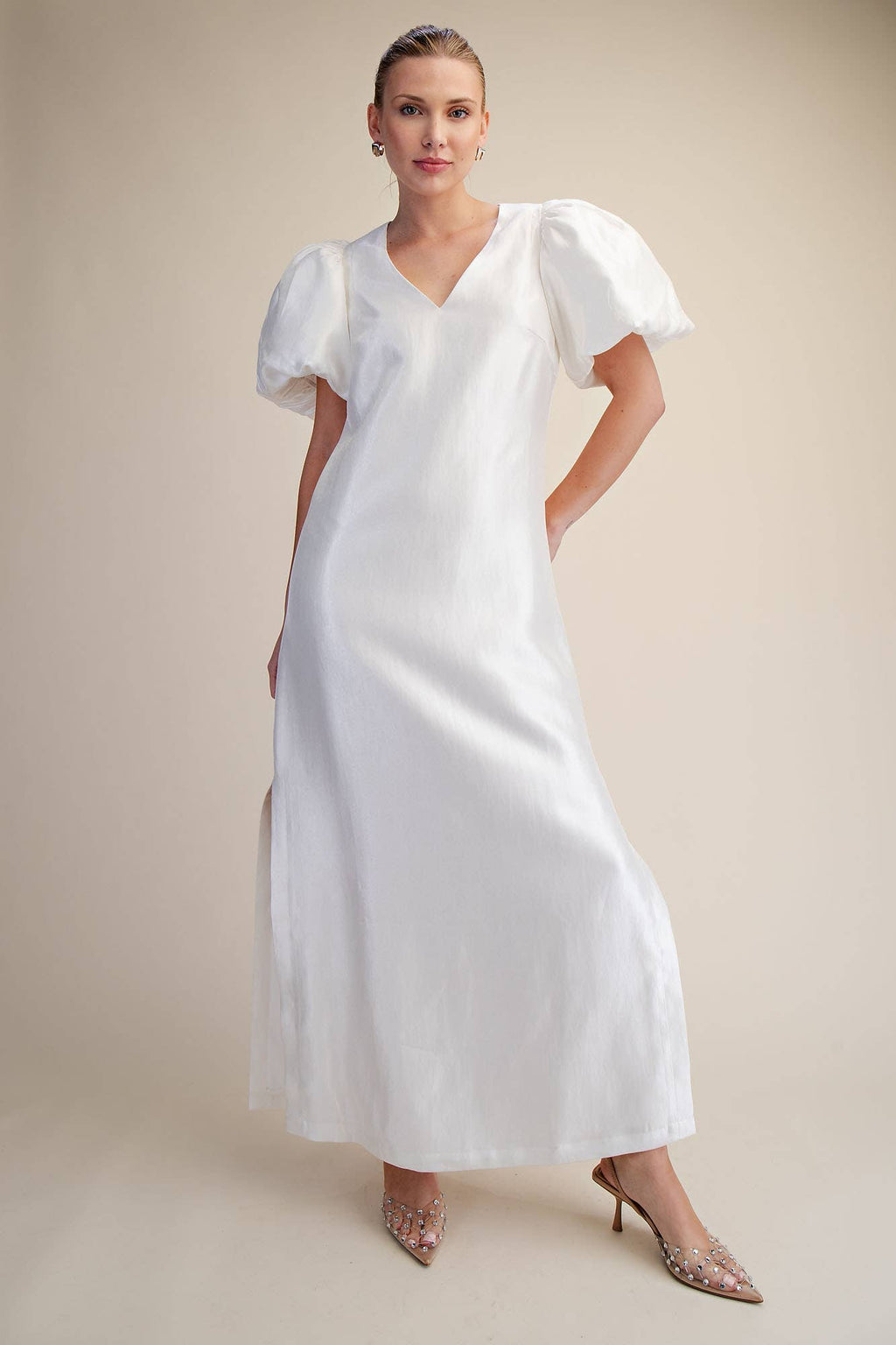 Puff-Sleeve A-Line Glossy Elegant Maxi Dress
