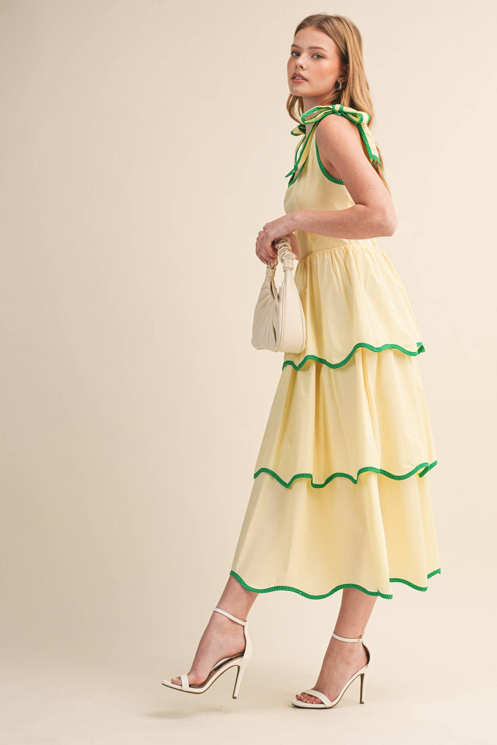 CONTRAST BINDING TIERED MIDI DRESS