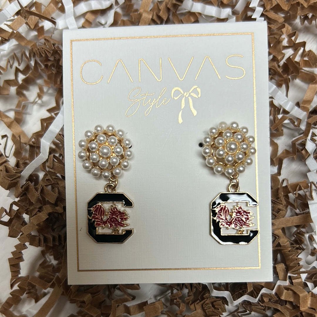 University of South Carolina college drop earrings with pearl cluster studs featuring school emblem with gamecock.