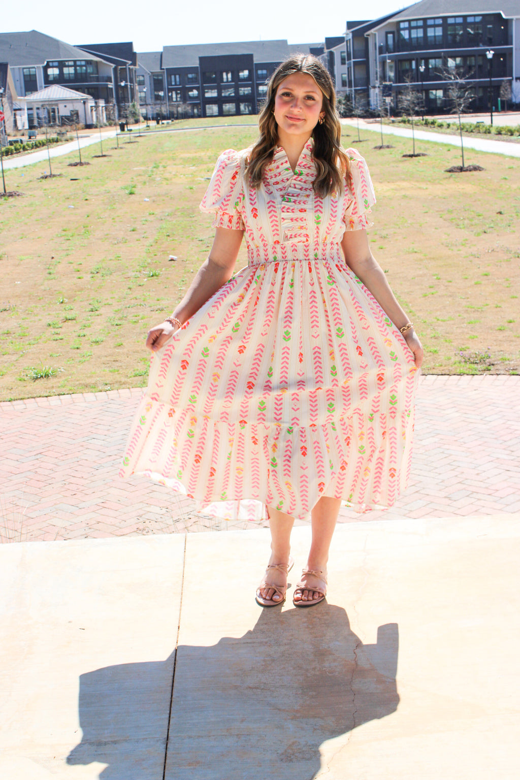 Vibrant Ruffle Smocked Midi Dress