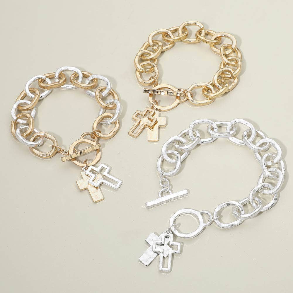 Hammered Layered Cross Charm Chunky Chain Toggle Bracelet