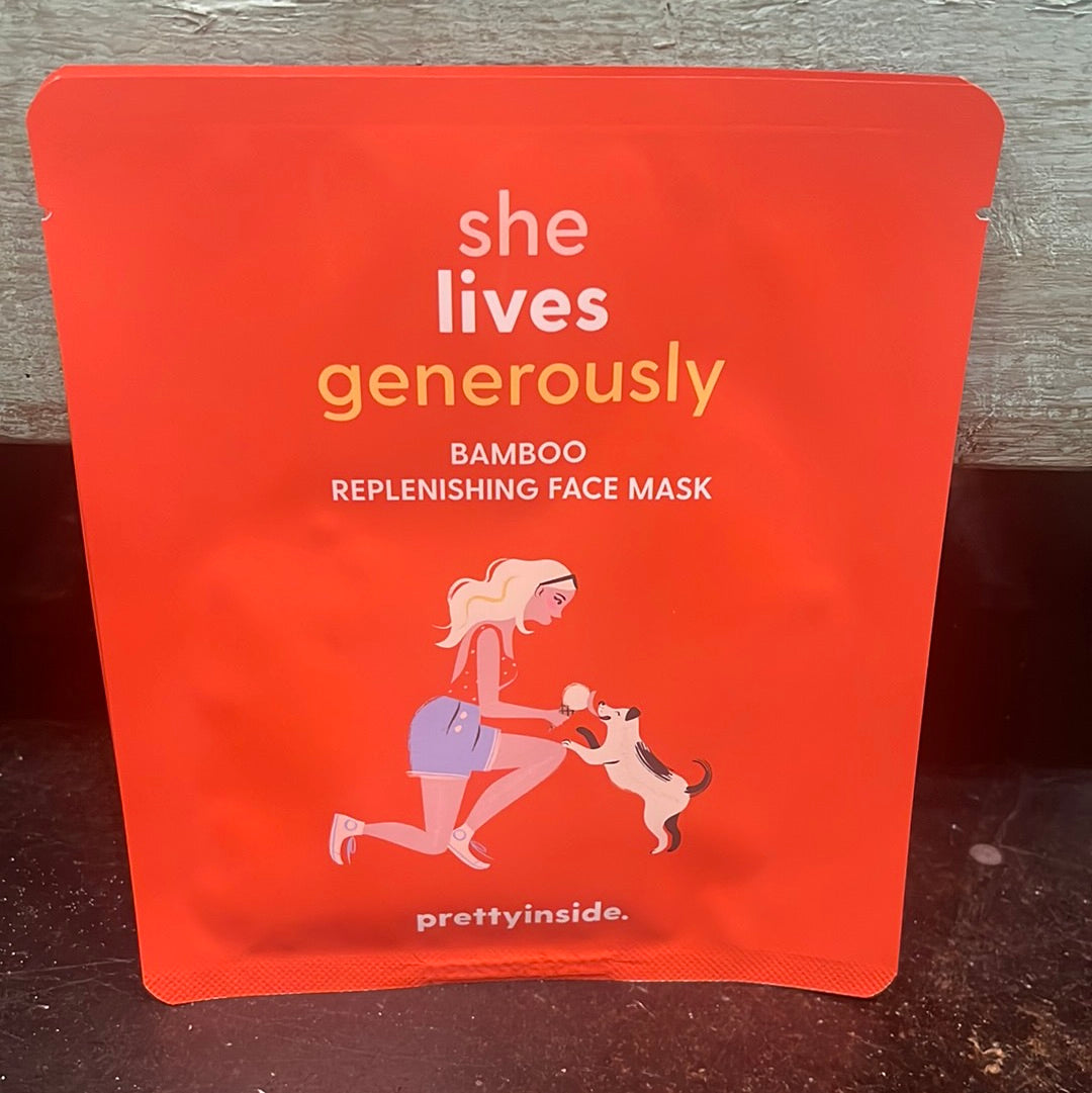 "She lives generously" bamboo replenishing face mask in red packaging.
