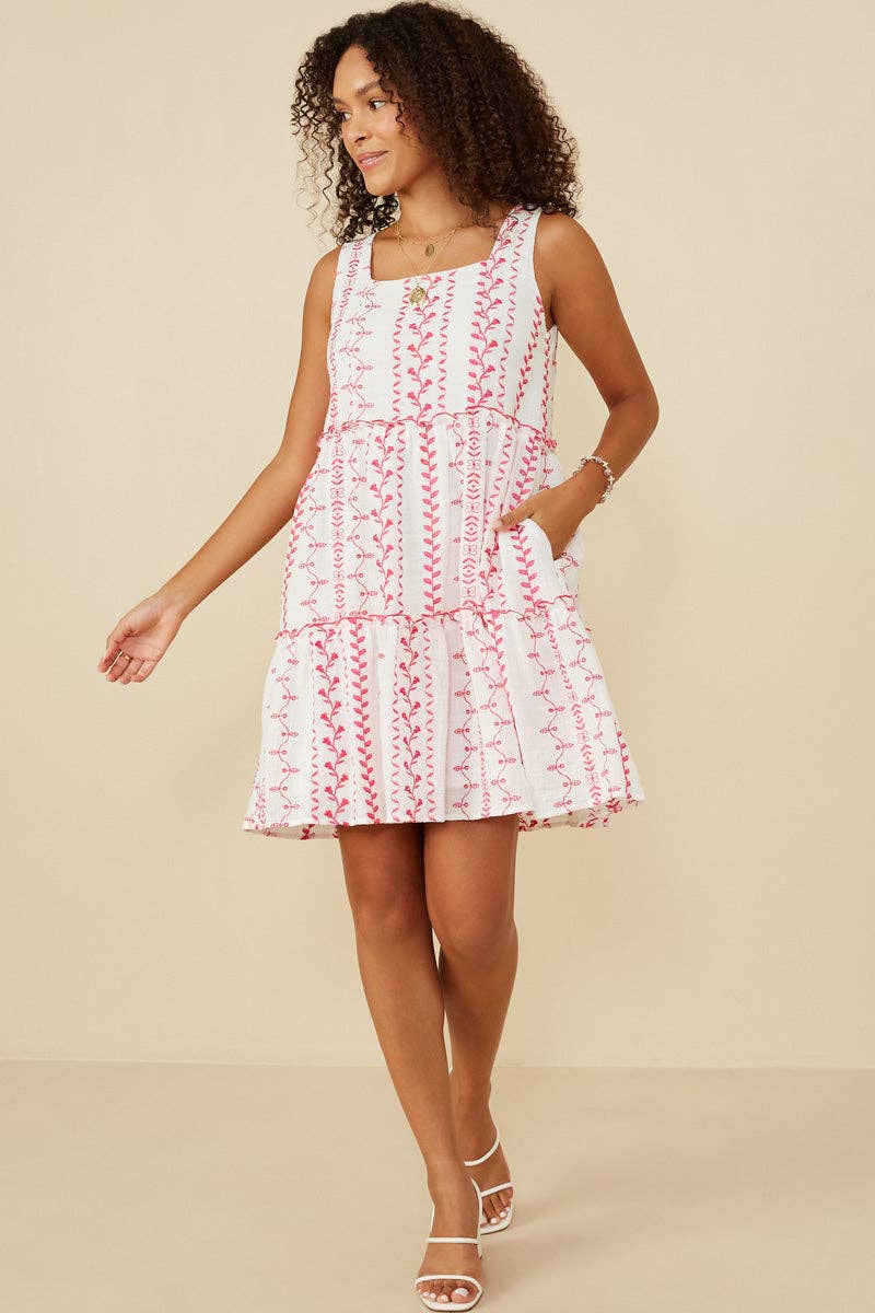 Womens Botanical Embroidered Ruffle Tiered Tank Dress