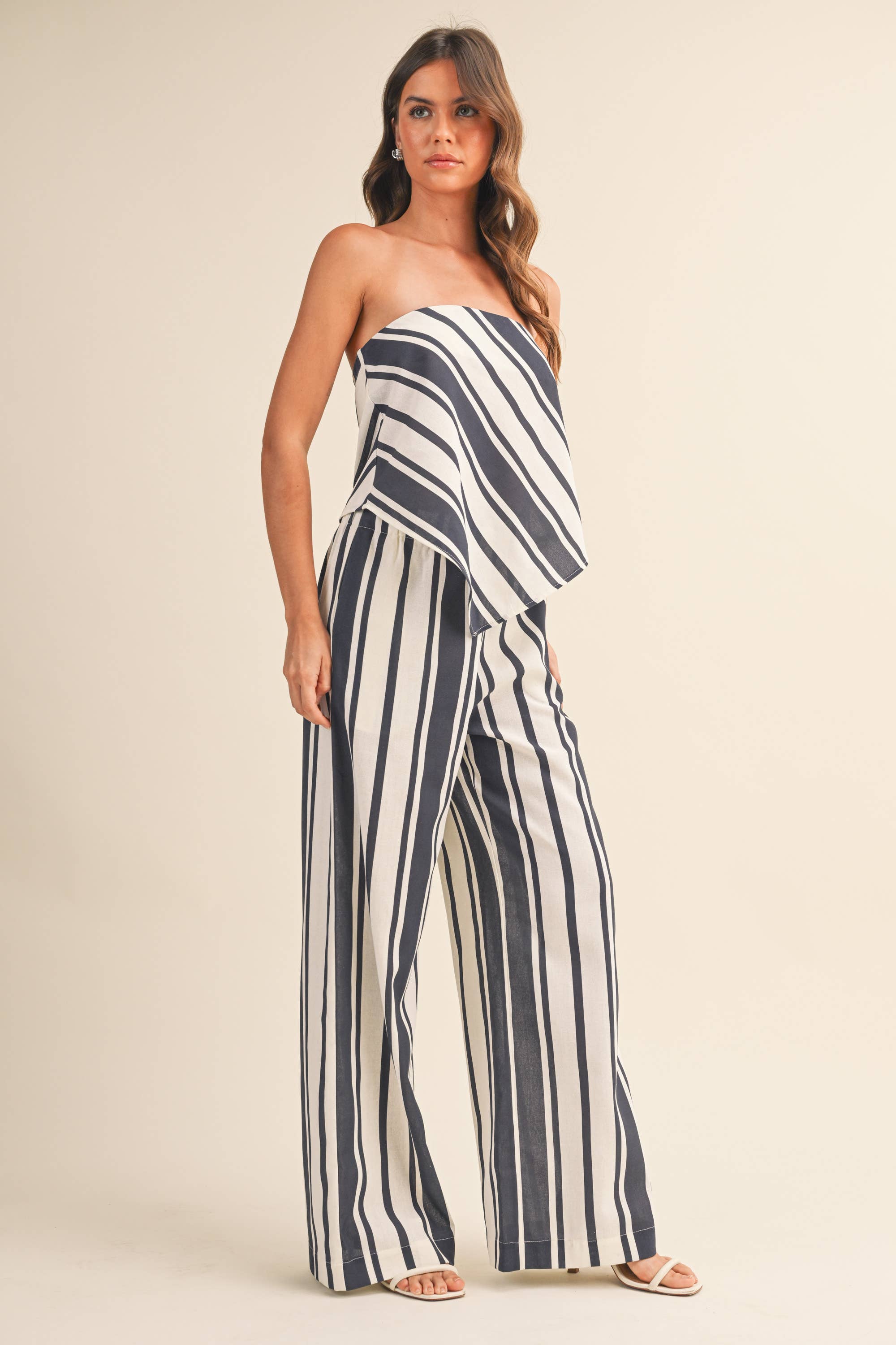 Klesis - IST6376 STRIPED LINEN TUBE TOP AND WIDE LEG PANTS SET