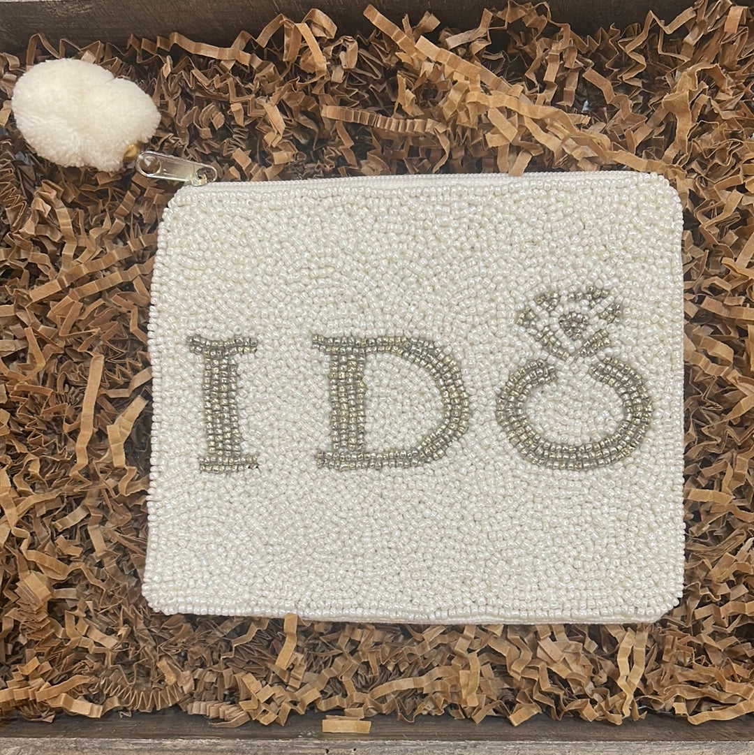 Hand sewn white beaded coin purse featuring "I Do".