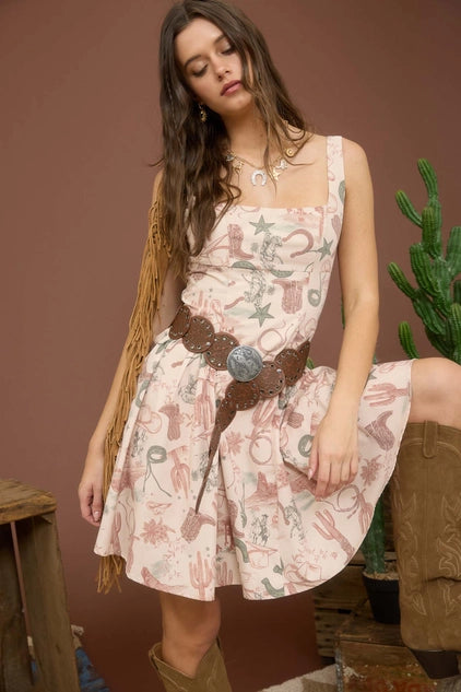 Western Print Sleeveless Mini Dress