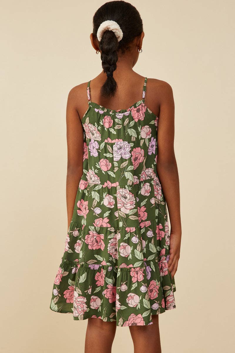 Girls Romantic Floral Halter Neck Tiered Midi Dress