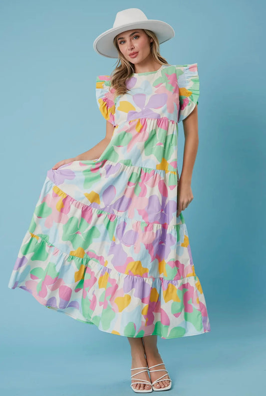 Pastel Floral Smocked Ruffle Sleeve Maxi Dress