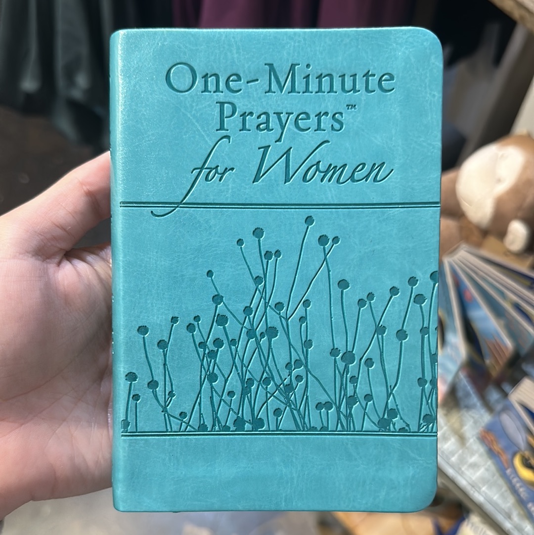 Blue book with floral pattern titling "One-minute Prayers for Women".