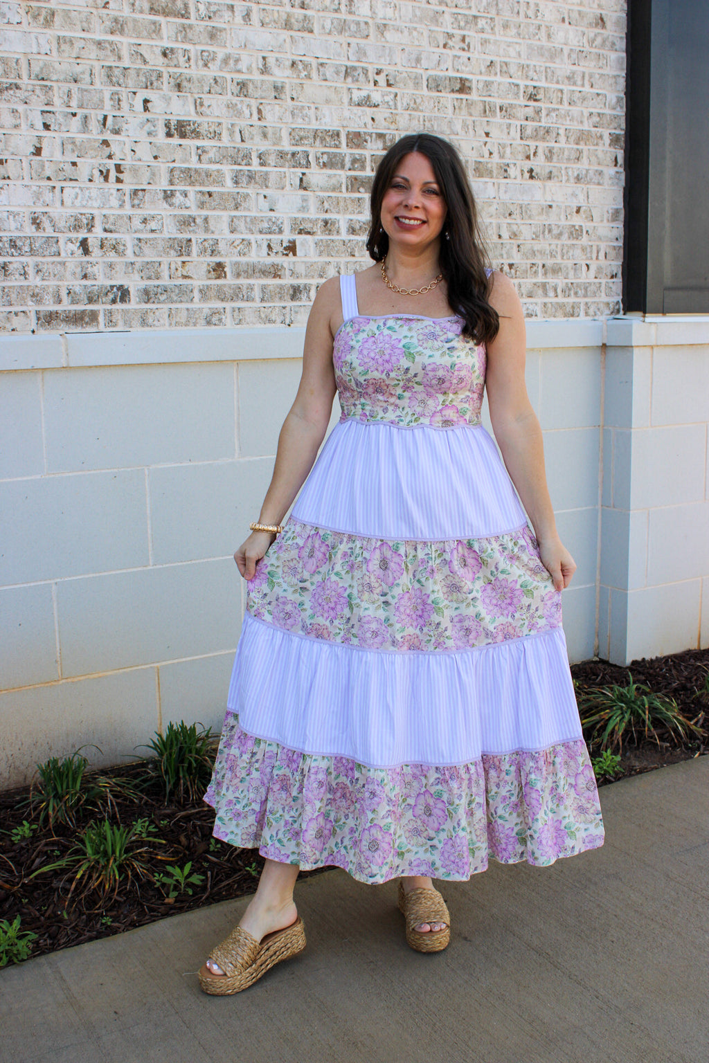 in february - DREAMY IDEAL TIERED MIDI DRESS MIXED IN FLORALS AND STRIPES