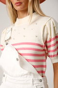Striped Pearl Puff Sleeve Sweater