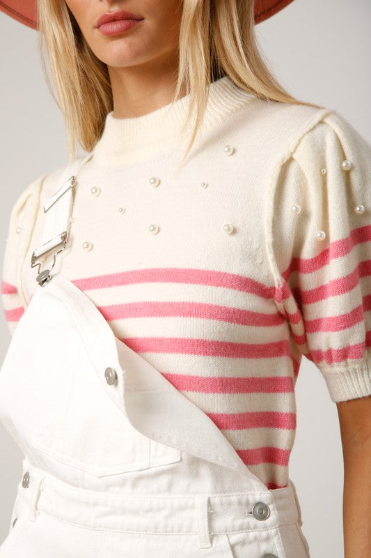 Striped Pearl Puff Sleeve Sweater