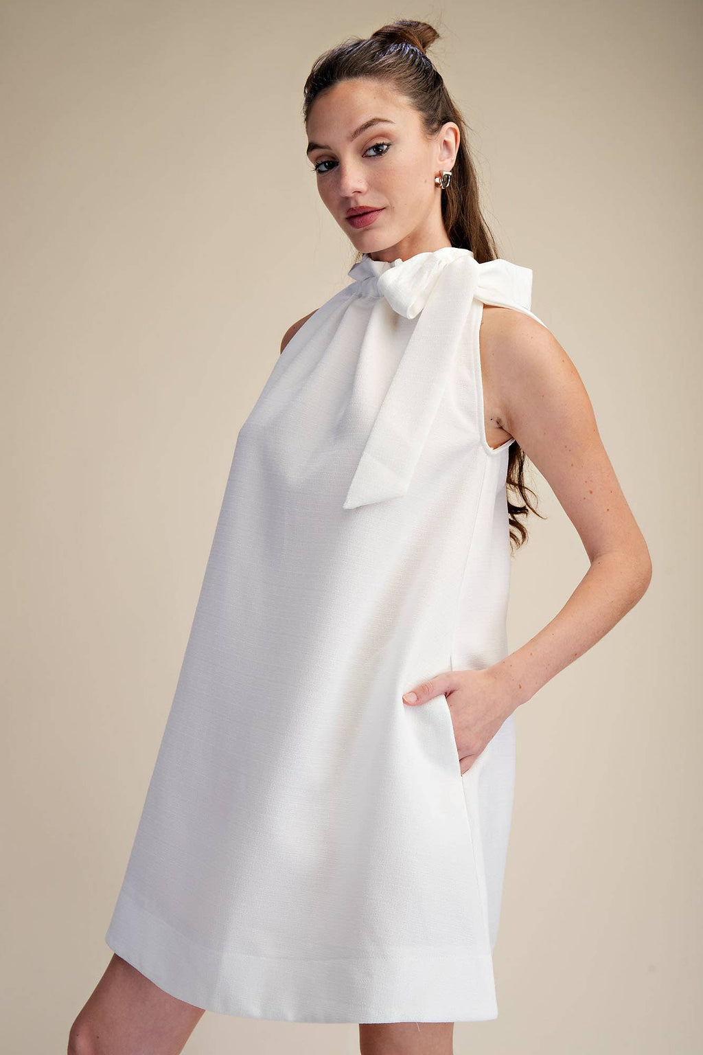 Tie Round Ruffle Neck Sleeveless Mini Dress