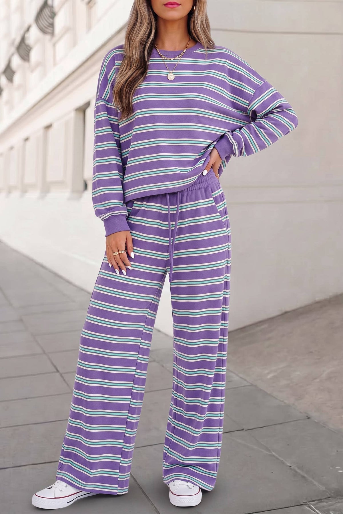 Aapparella - Striped Cutout Back Top &  Pants 2pcs Set | S-4X