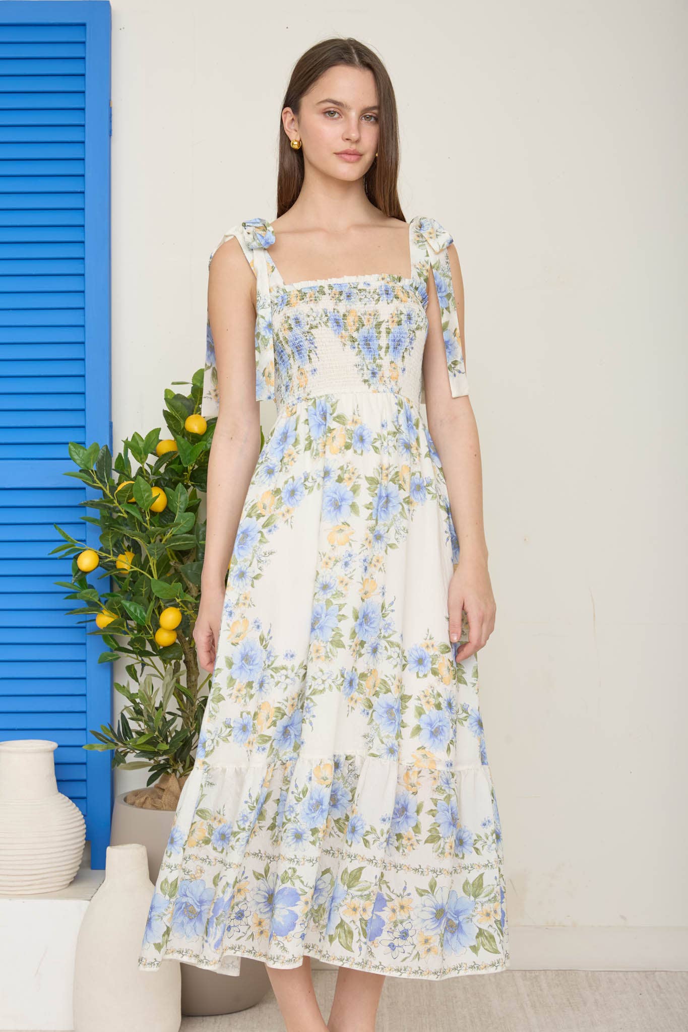 FLORAL TIE STRAP SMOCKED BORDER PRINT MIDI DRESS