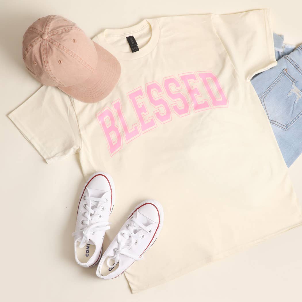 Fashion City - BLESSED Varsity-Style Heavy Cotton Graphic T-Shirt