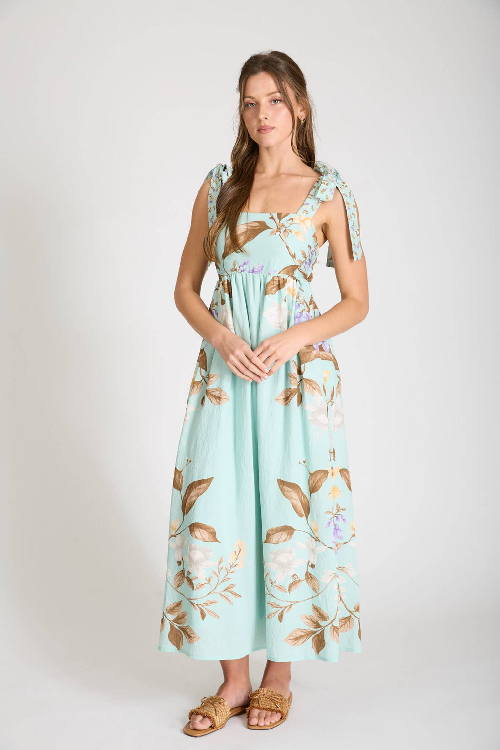 FLORAL TIE STRAP DETAIL EMPIRE WAIST MIDI DRESS