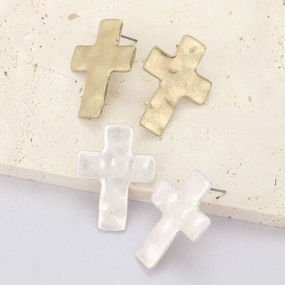 Gold Dipped Hammered Matte Metal Cross Earrings