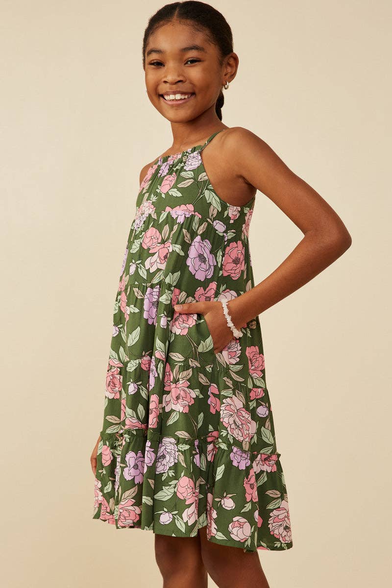Girls Romantic Floral Halter Neck Tiered Midi Dress