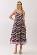 TCEC - CD07316-Border Print Tie-Shoulder Midi Dress