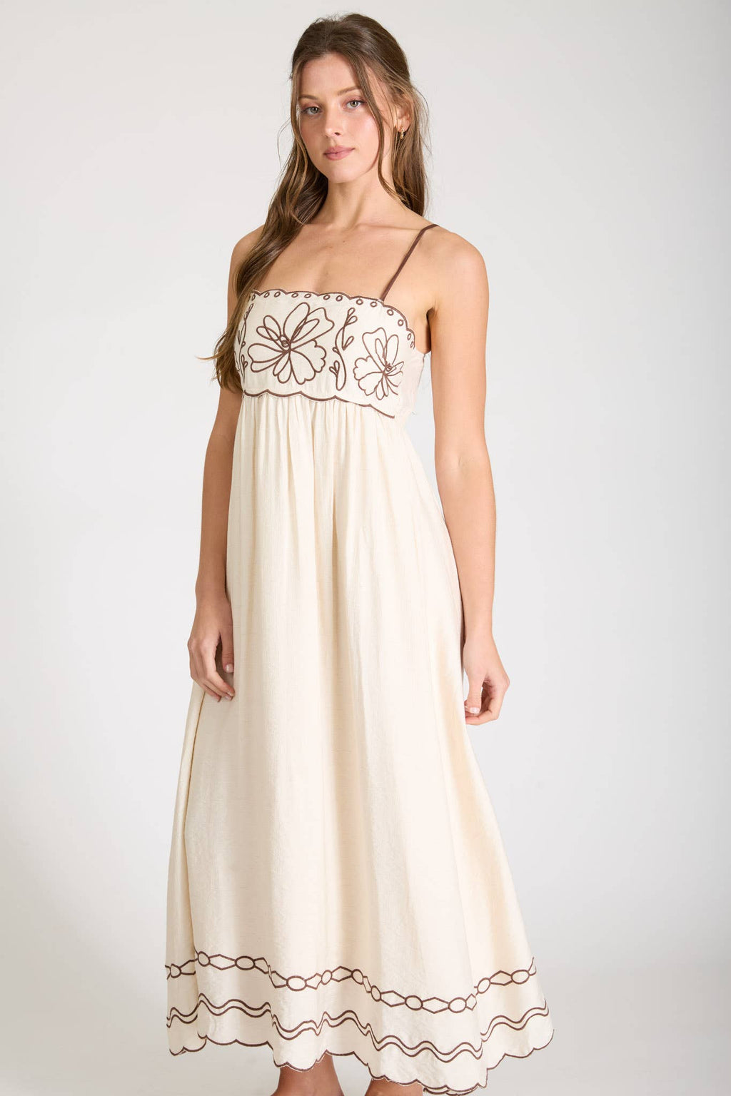 FLORAL EMBROIDERY SCALLOPED MIDI DRESS