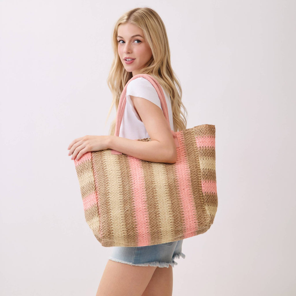 Hana - Multi Color Stripe Pattern Natural Brown Straw Tote Bag