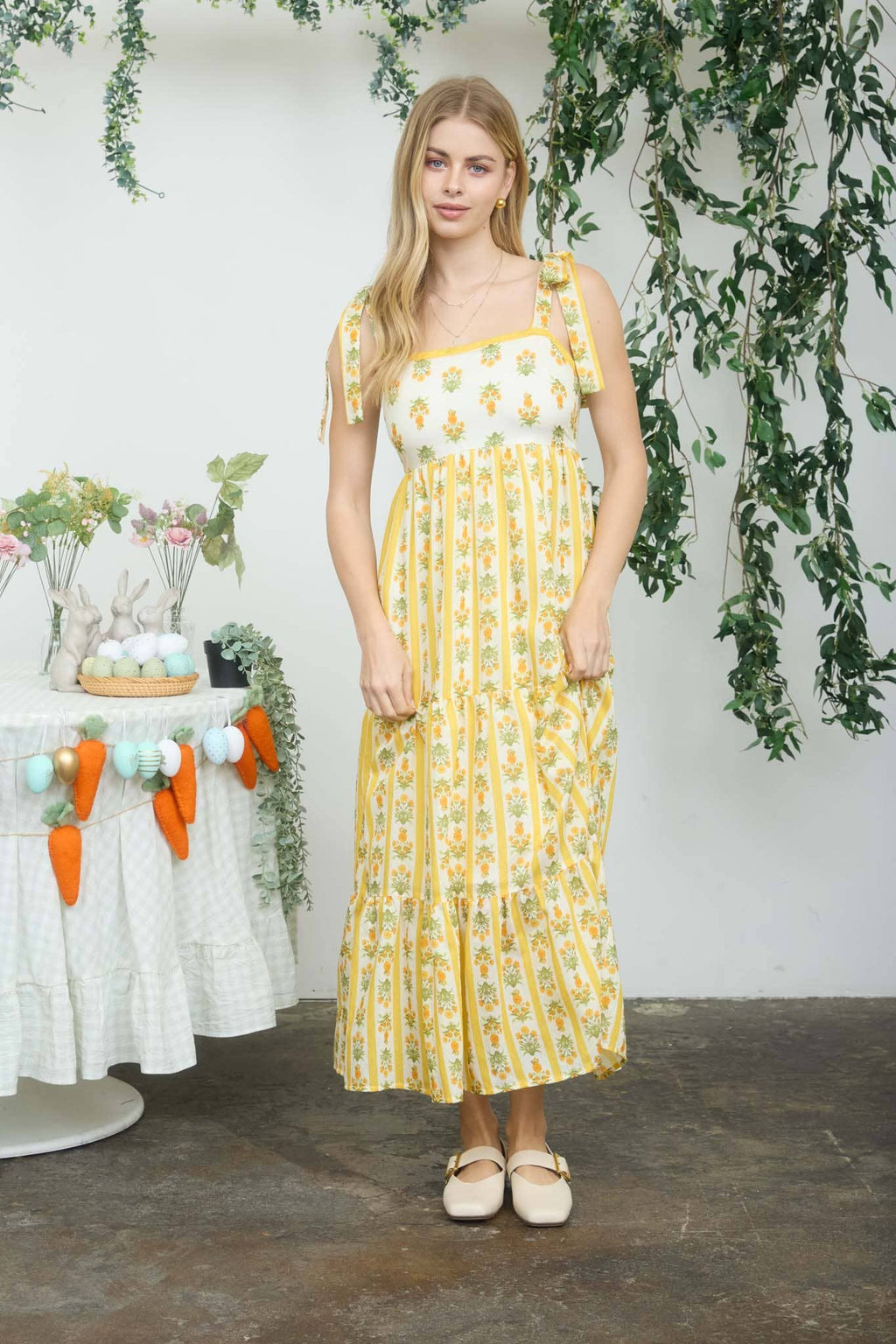 STRIPE FLORAL CONTRAST SLEEVELESS MIDI DRESS