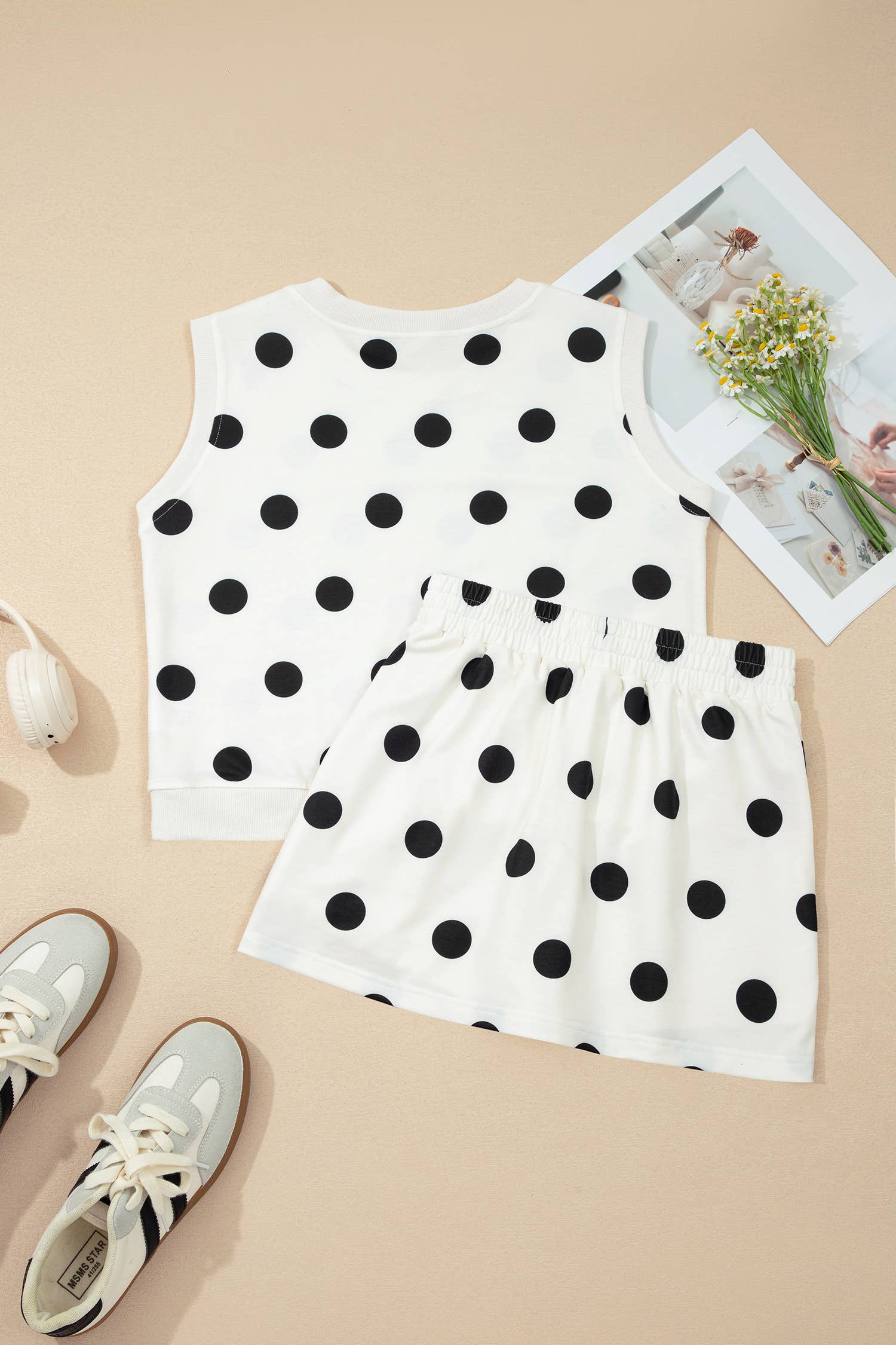 LA Society - LAS Ribbed Trim Polka Dot Tank Split Mini Skort Set(S-4X)